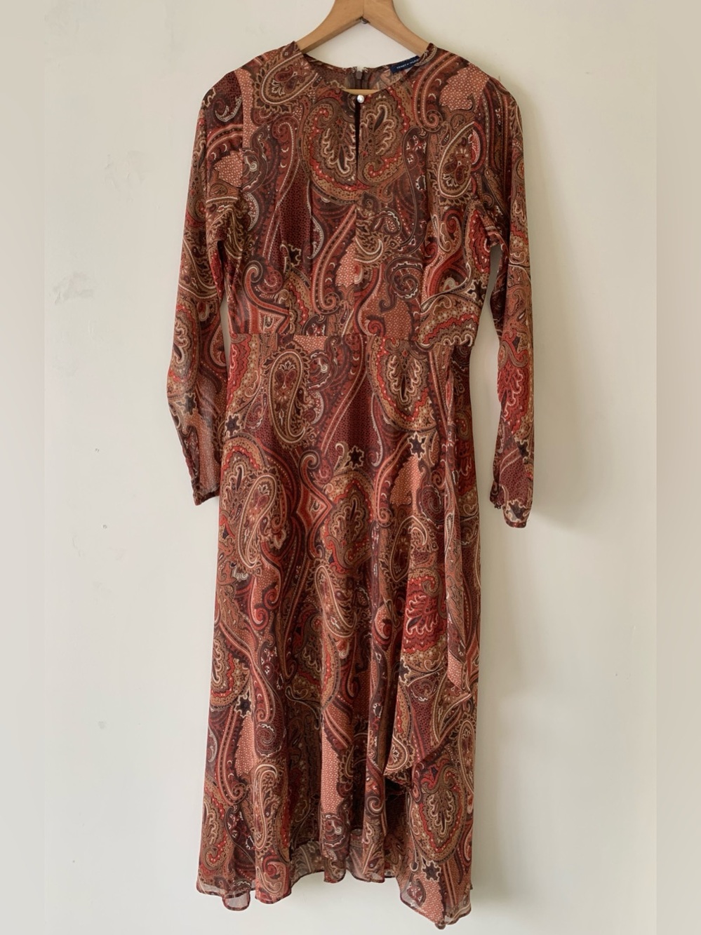 TOMMY HILFIGER Brown & Rust Paisley Long Sleeve Midi Dress with Cascade Ruffle